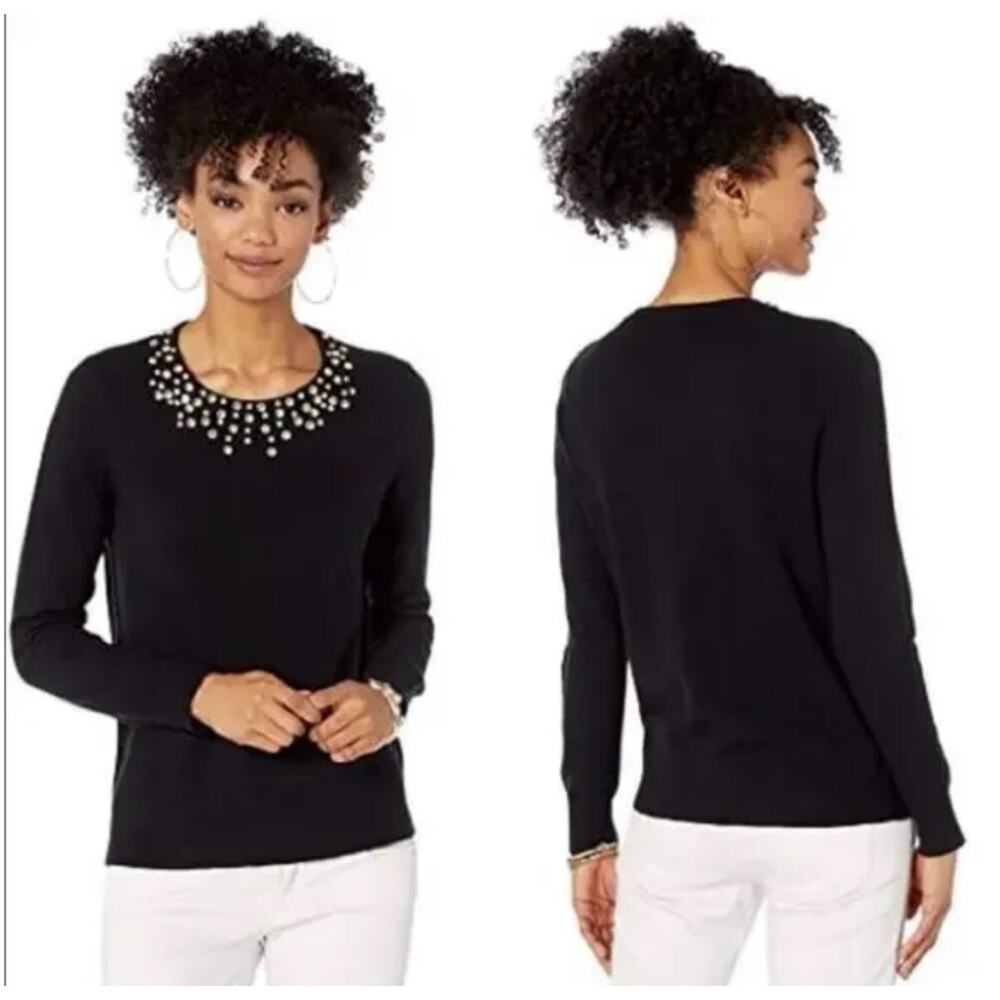 Lilly Pulitzer Odetta Jeweled Sweater Black Merino Wool Cashmere Women's S